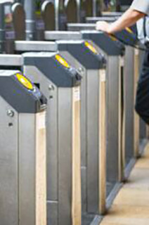 Rows of access control doors at the entrance of a building