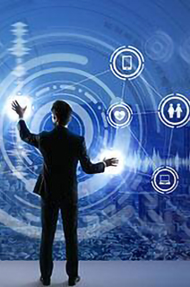 A man in business formals touching a smart screen displaying digital icons