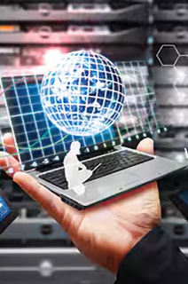 Person holding a laptop overlaid with digital icons