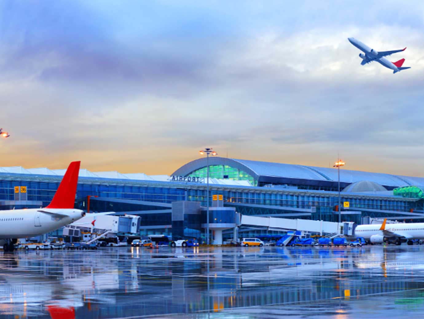 An airport terminal across the apron
