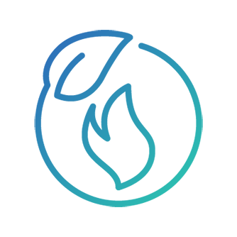 Blue line-illustration of a leaf and a flame enclosed in a circle