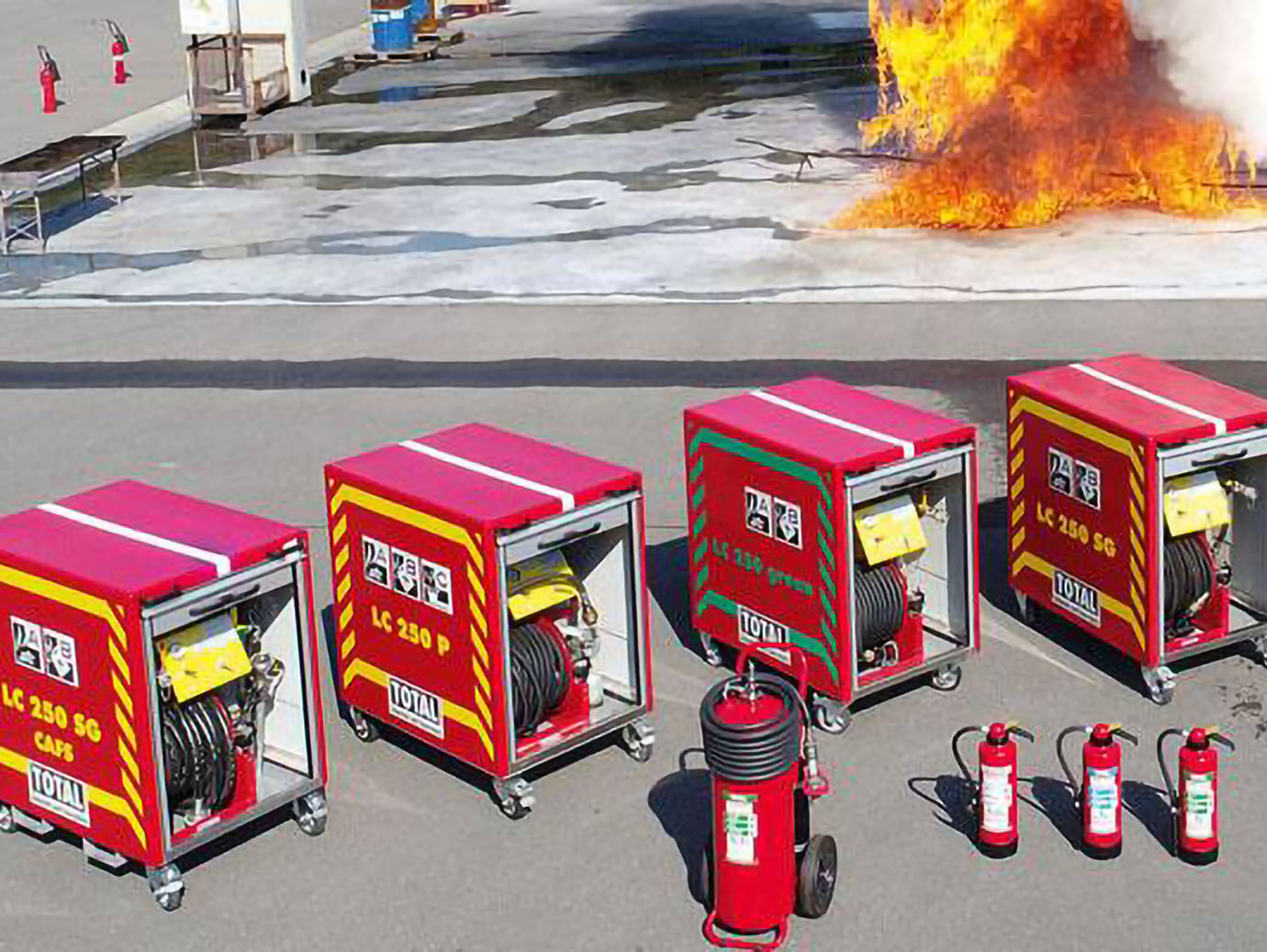 Fire extinguishers and system on display in an outdoor space