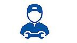 Blue icon image of mechanic with spanner