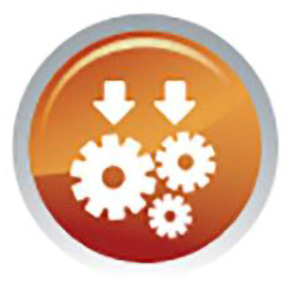Gear icons with arrows pointing down enclosed in a circle