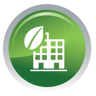 Icon of a building and leaf enclosed in a circle