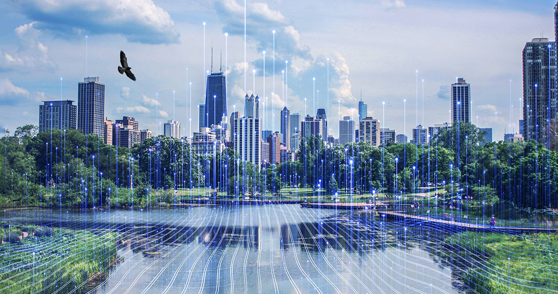 Waterfront view of a city, overlaid with a graphic of transmission nodes