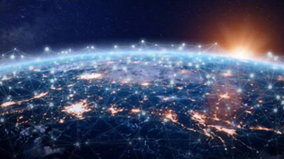 Close-up shot of a globe with graphical communications lines