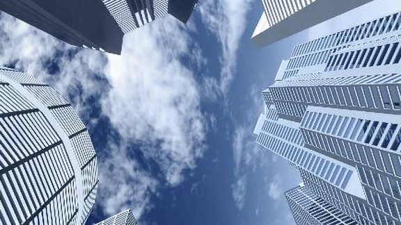 Low-angle shot of high-rise buildings on a cloudy day