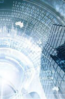 Low-angle shot of high-rise buildings with an overlay of binary graphics