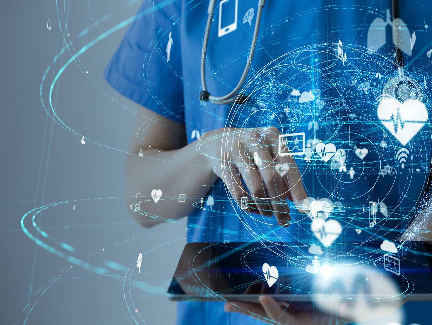 A nurse using a smartphone with an overlay of health icons