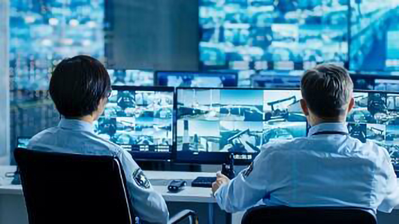 Two men inspecting cctv footage in a room