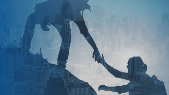 A mountaineer helping another mountaineer to climb with an overlay of a cityscape