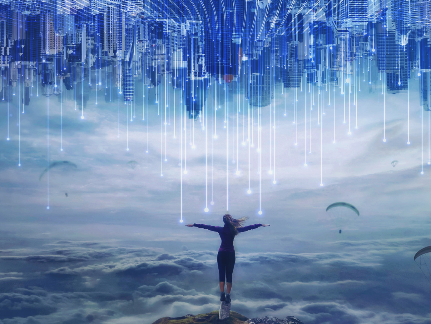 Woman on clouds with a holographic image of an inverted cityscape in the sky